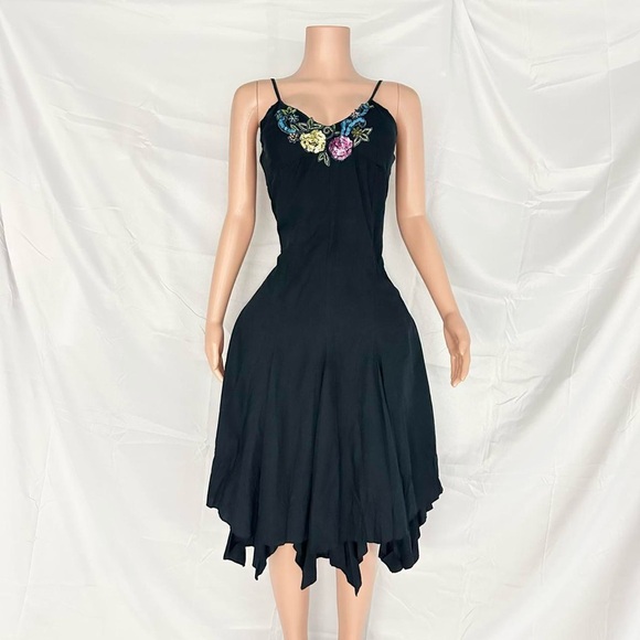 90s vintage feminine boho-chic navy black handkerchief-hem slip midi dress - Picture 1 of 7